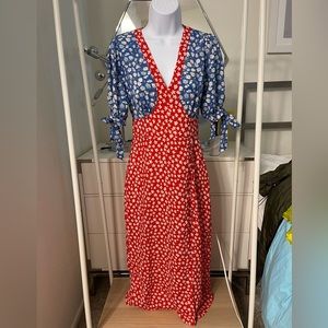 ASOS beautiful blue and red floral flowers maxi dress with buttoned down slit 0